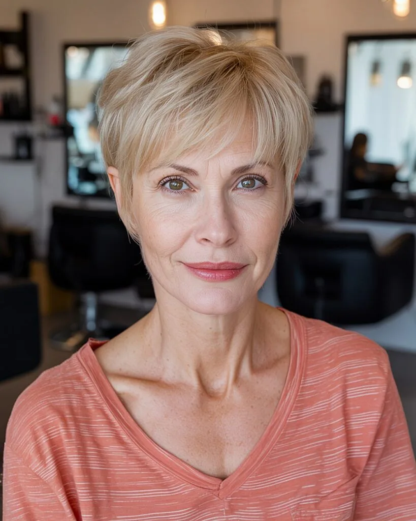 Wispy layered pixie cut with side fringe for women over 50 with thin fine hair seeking soft volume