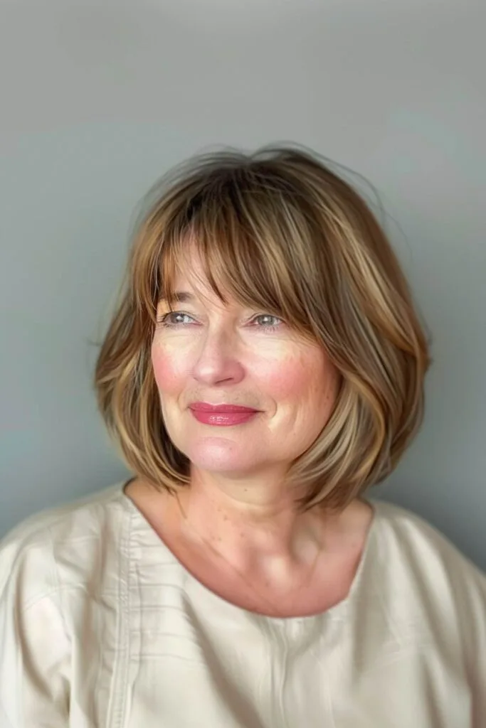 Woman with a layered bob haircut with bangs, chin-length, suitable for round faces