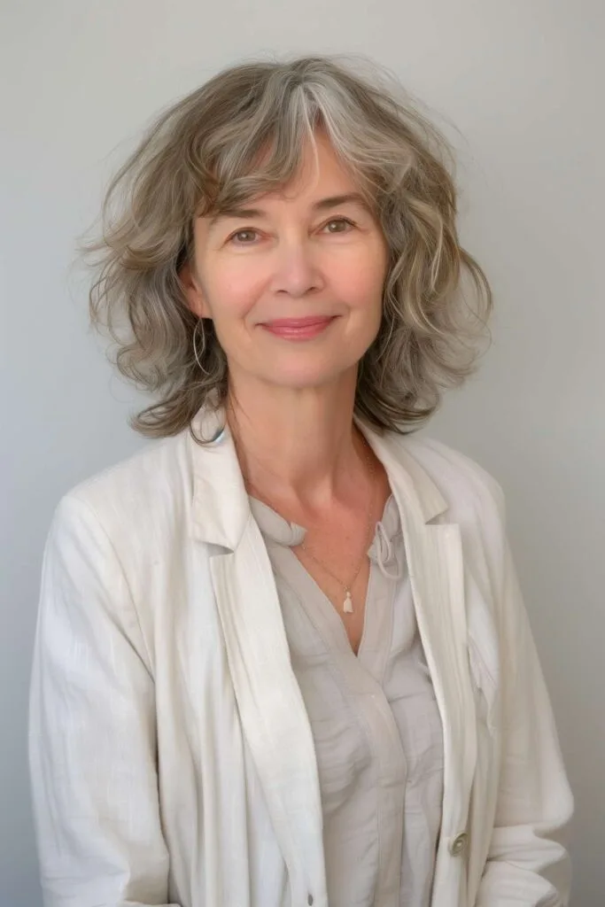 Woman with a shaggy layered bob haircut, shoulder-length, soft bangs, wavy hair