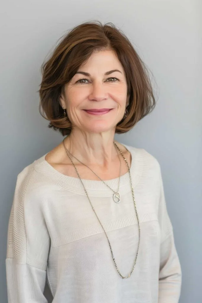 Woman with a short layered bob haircut, chin-length, natural brown color