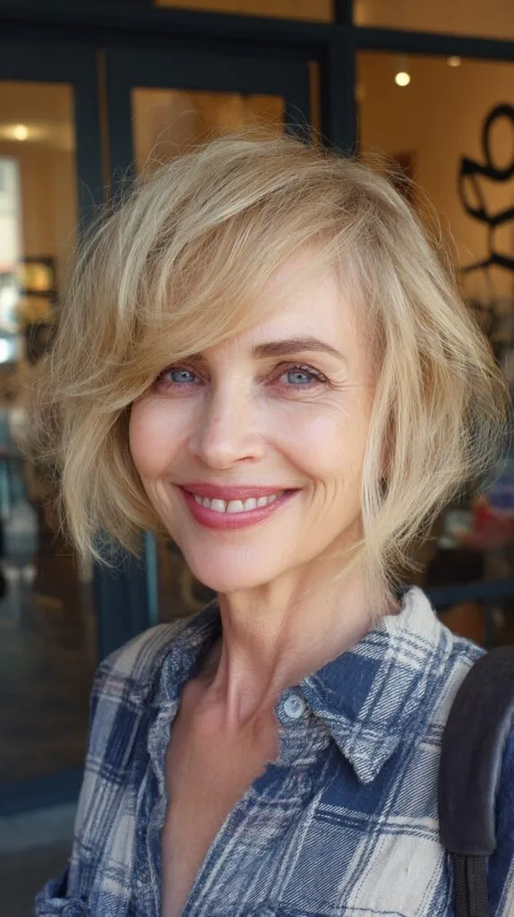 Airy Blonde Textured Chin-Length Layers with Long Side Sweep