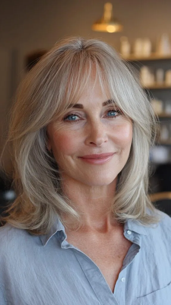 Airy Silver Shoulder-Length Layers with Soft Curtain Bangs