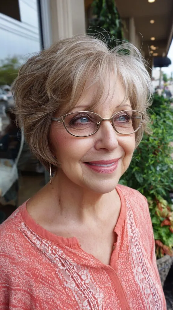 Ash-Blonde Layered Short Bob with Glasses-Pivoted Fringe