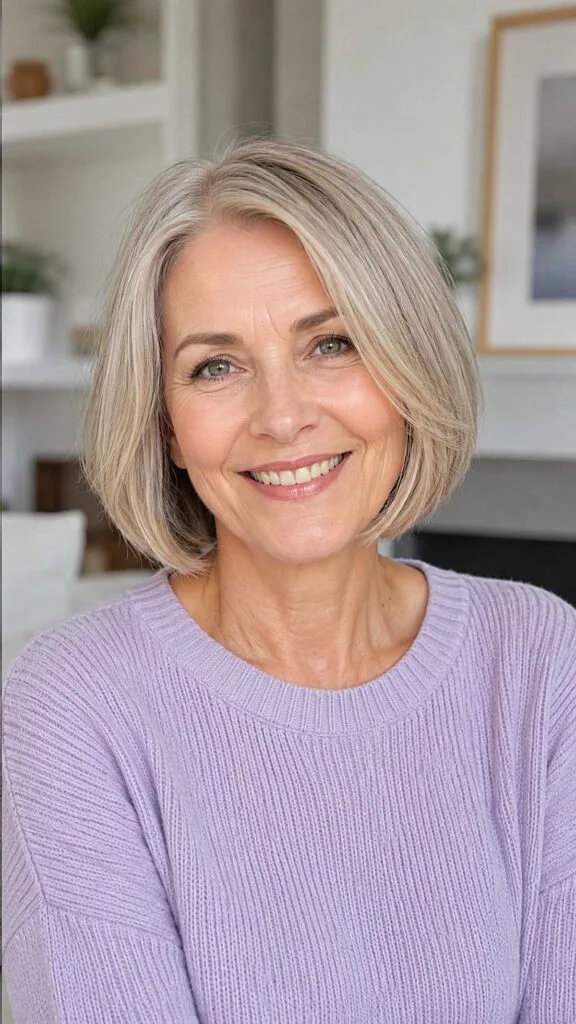 Ash blonde to gray chin-length bob with movement