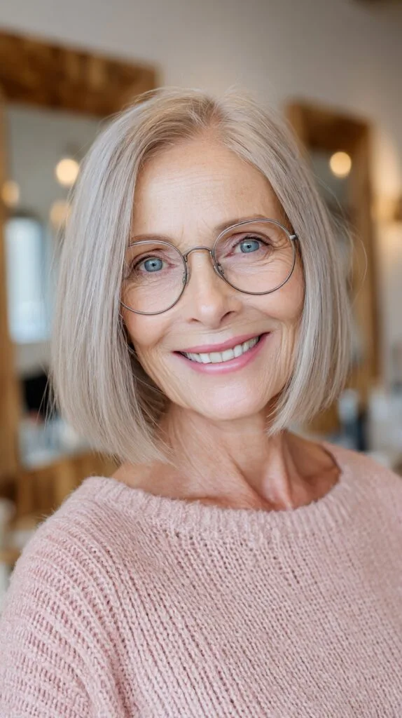 Ash-Silver Jaw-Length Blunt Bob with Round Glasses