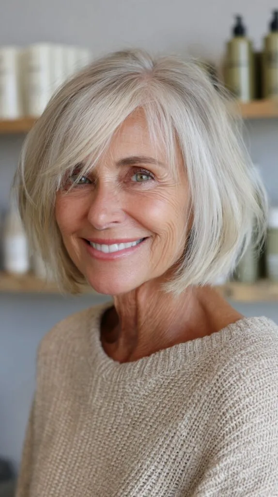 Blended Silver Jaw-Length Bob with Long Side-Swept Fringe