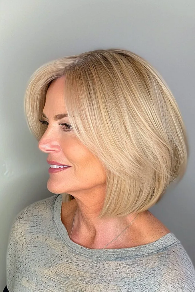 Blonde stacked bob with highlights and layers