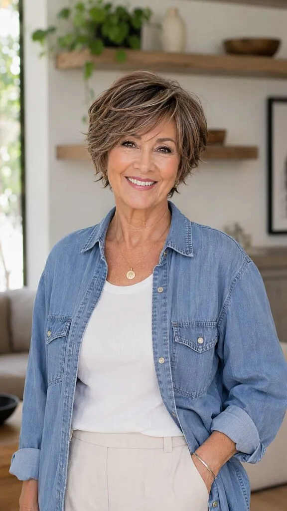 Breezy layered pixie bob with sandy brown highlights