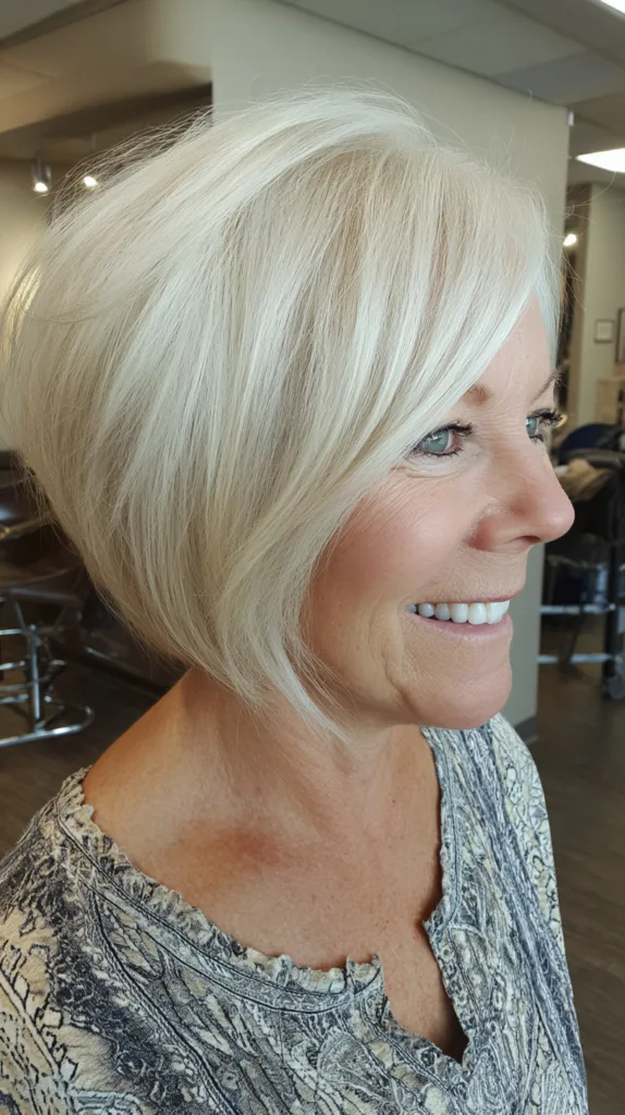 Bright platinum stacked bob with smooth sleek style