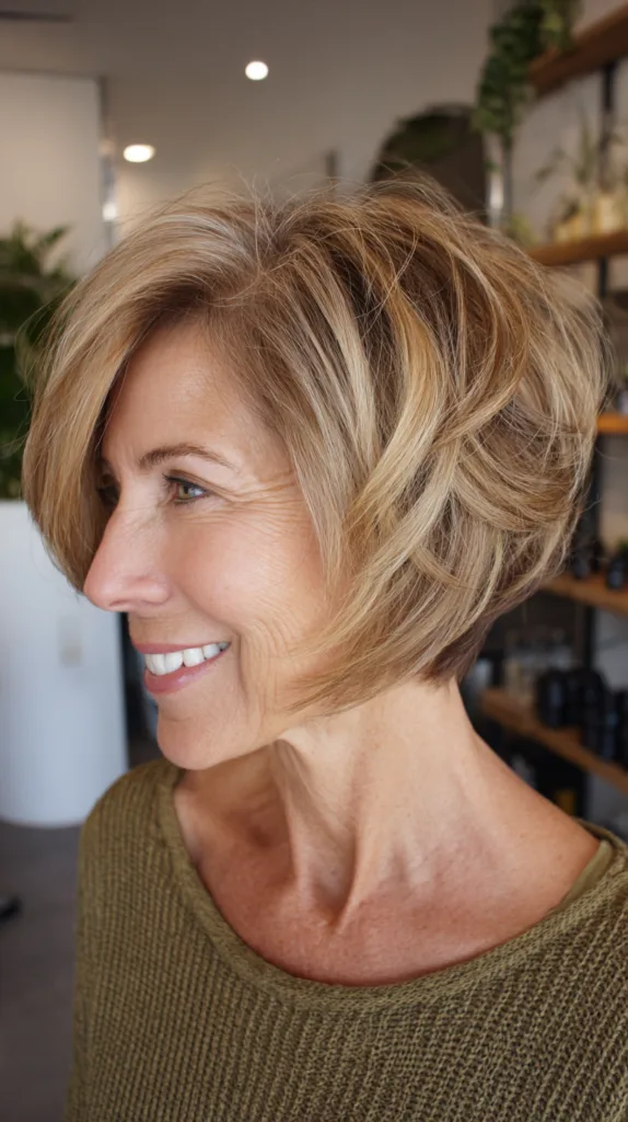 Bronde highlighted stacked bob with flipped-out ends