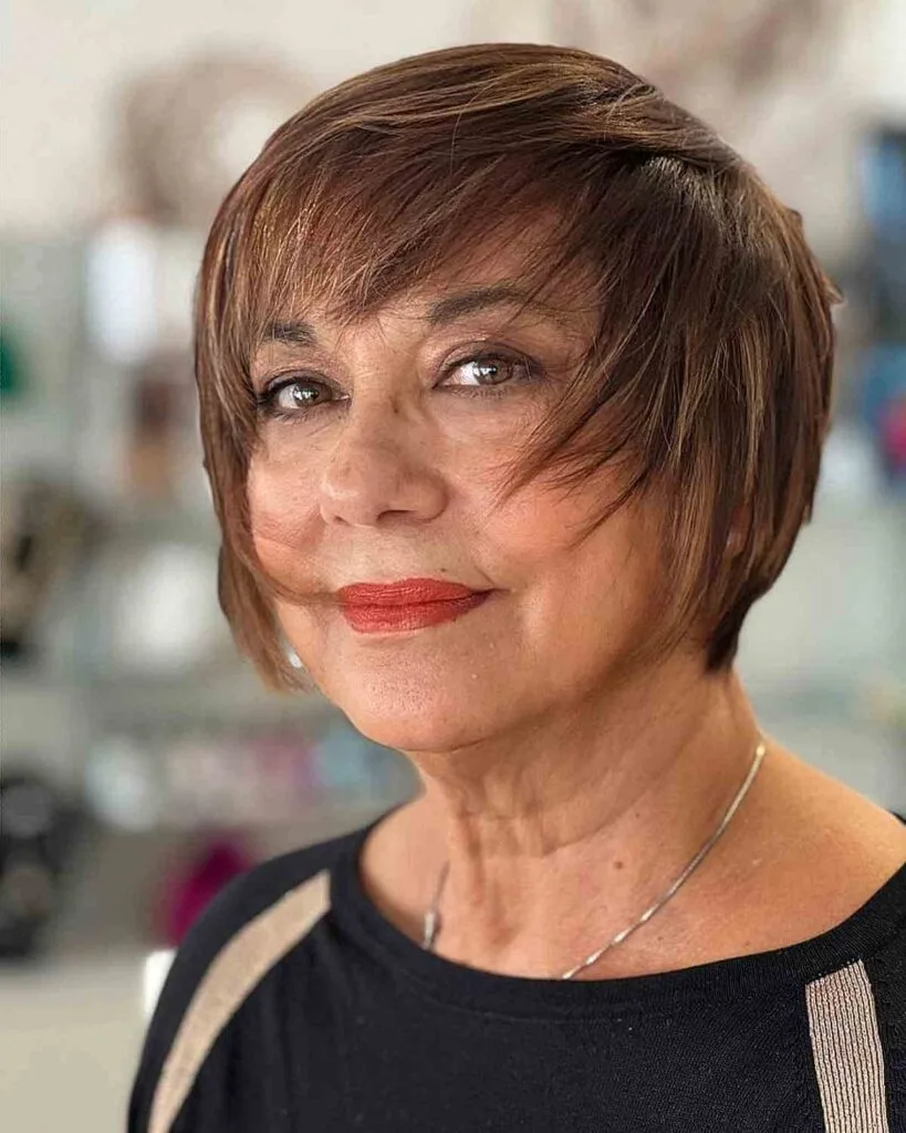 Brown Balayage on a Brushed-Forward Cut for Old Ladies with Thin Hair