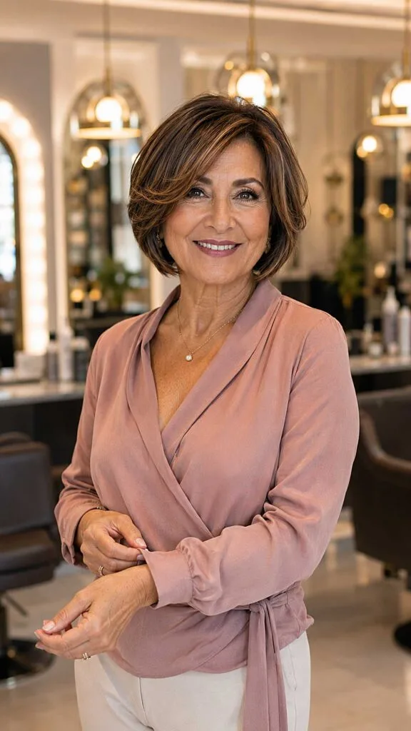 Brunette layered bob with copper ribbon highlights