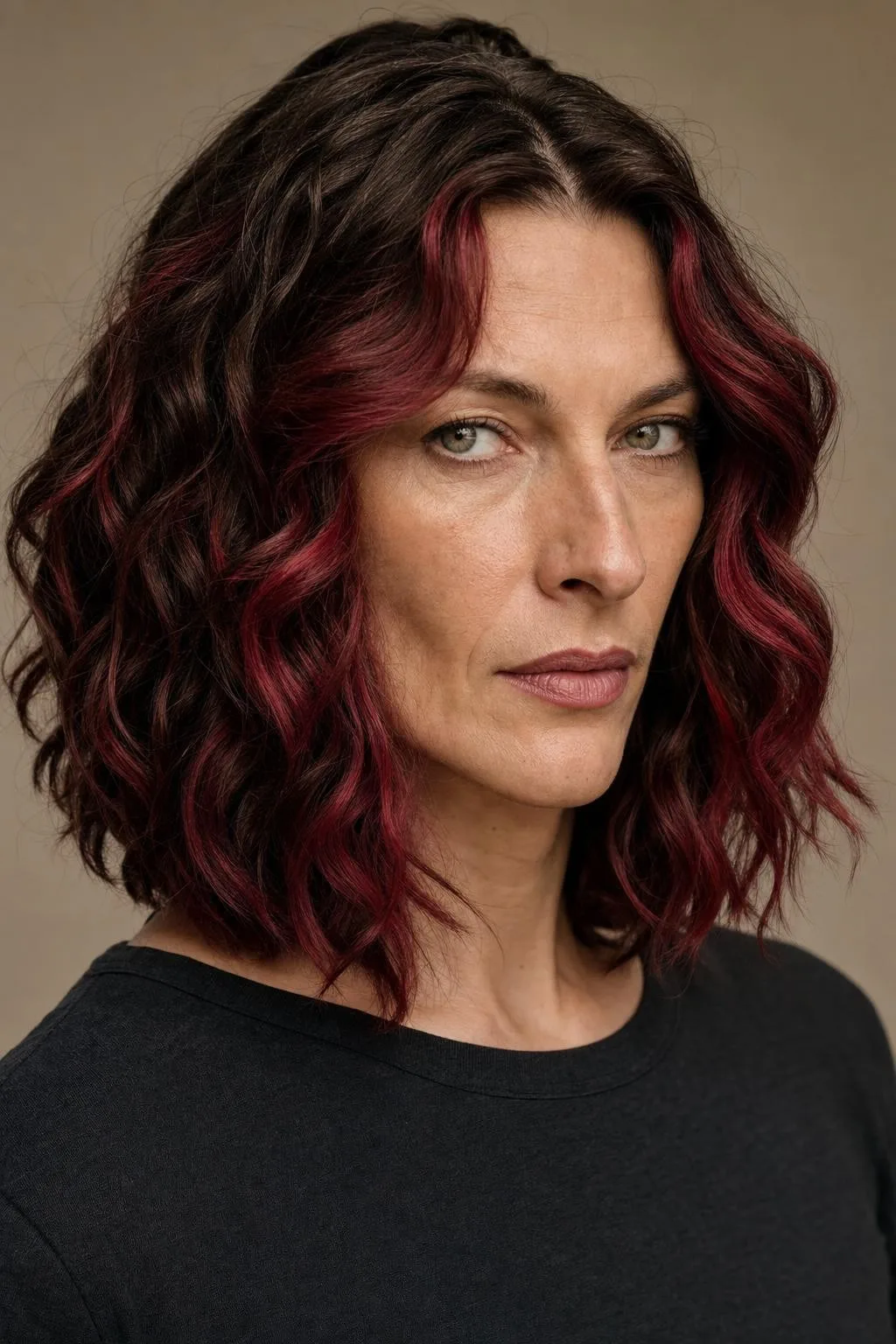 Brunette Lob With Cranberry Highlights