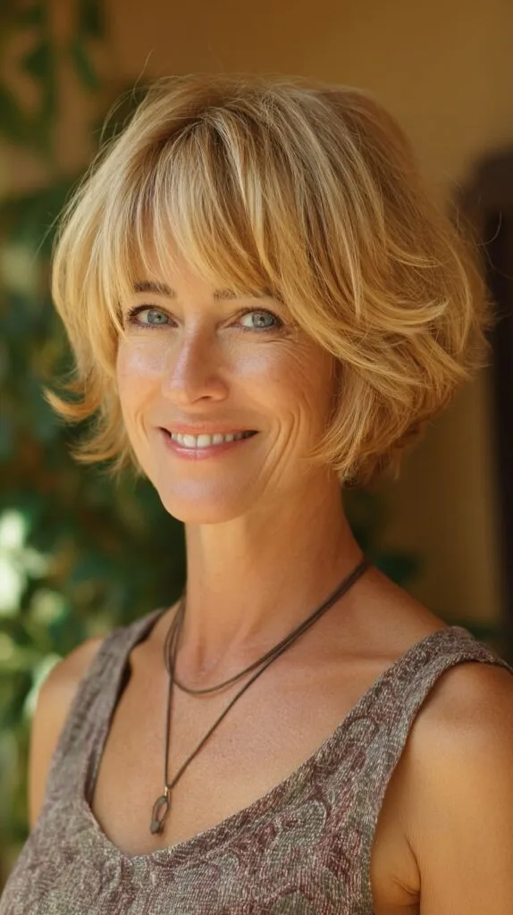 Brushed-Blonde Chin-Length Layers with Feathered Micro-Fringe