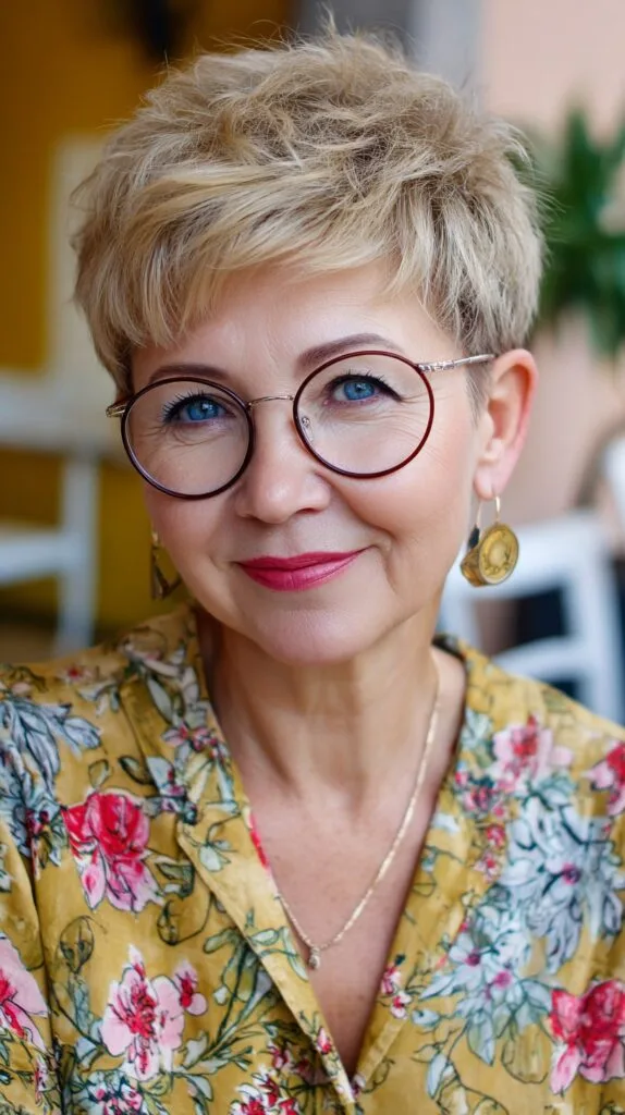 Brushed-Forward Short Blonde Pixie with Airy Crown Texture