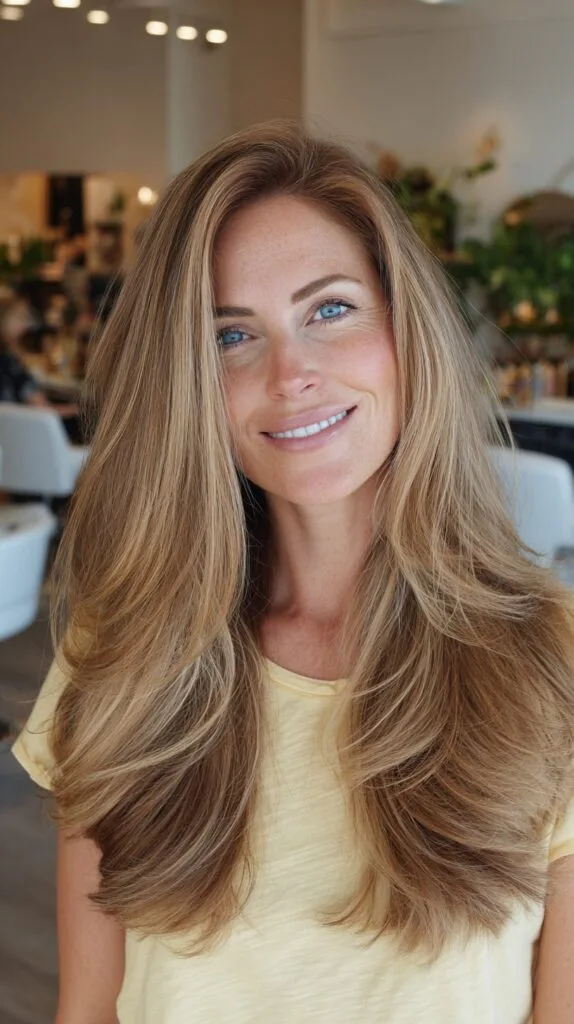 Buttery Beige Long Layers with Subtle Root Shadow