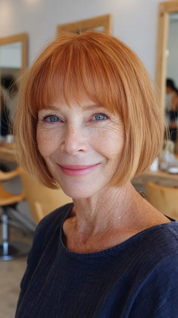 Candid Copper Blunt Jaw-Length Bob with Short Soft Fringe