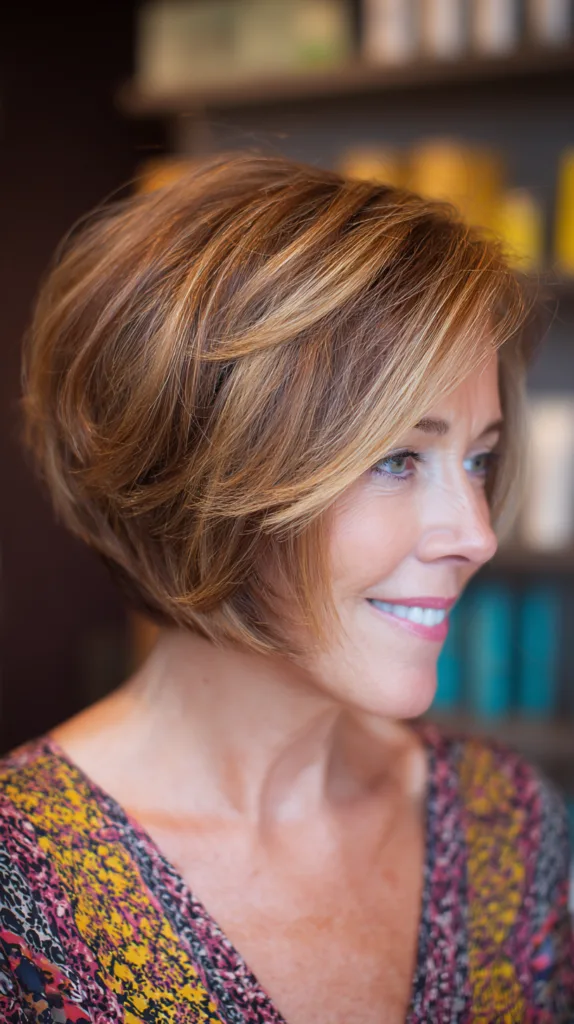 Caramel balayage bouncy stacked bob with warm tones