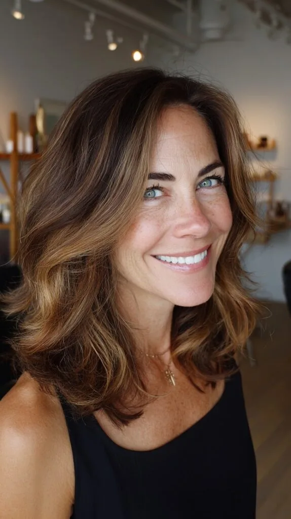 Caramel Face-Framing Shoulder-Length Layers with Soft Root Depth