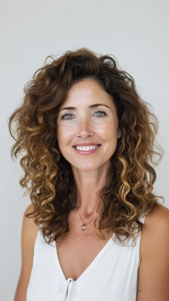 Caramel-Framed Voluminous Curly Shoulder-Length Layers