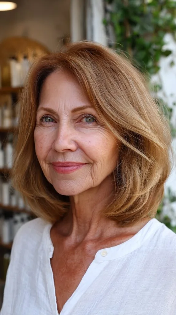 Caramel-Rooted Midi Bob with Interior Face-Framing Layers