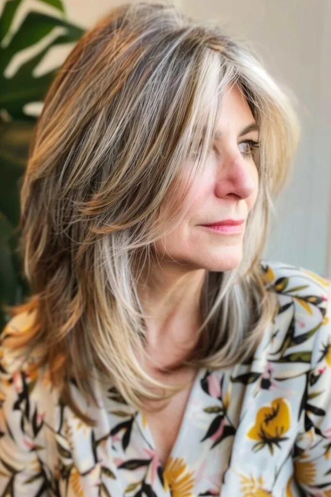 Casual layered haircut with grey and honey blonde highlights on a woman over 50, styled to showcase natural volume and texture.
