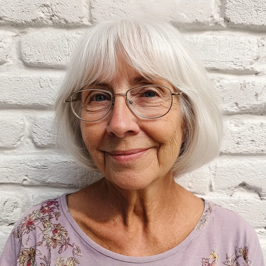 Charming Silvery Jaw-Length Bob with Soft Curtain Bangs