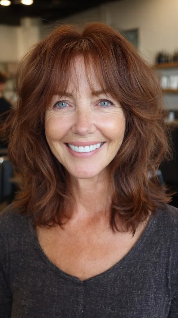 Chestnut Layered Shoulder-Length with Wispy Curtain Fringe