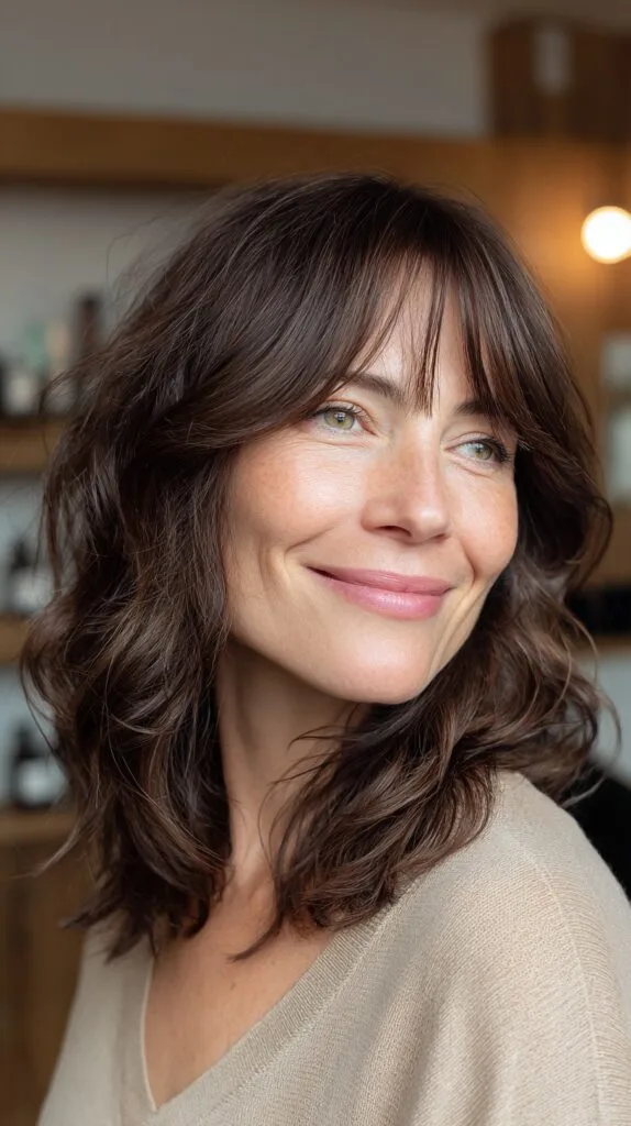 Chestnut Shoulder-Length Layers with Wispy Frontal Fringe