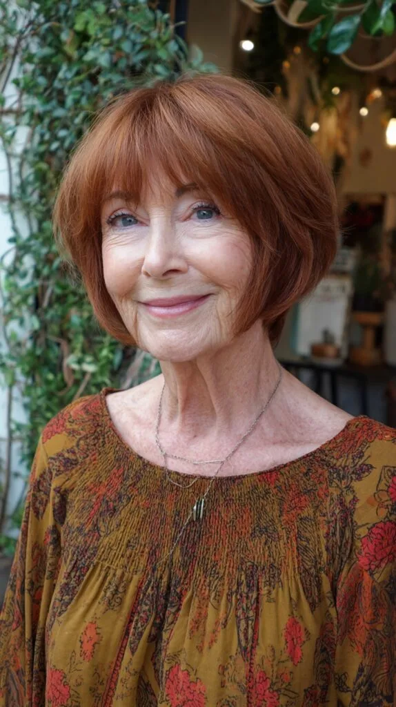 Chestnut Stacked Jaw-Length Bob with Soft Curtain Fringe