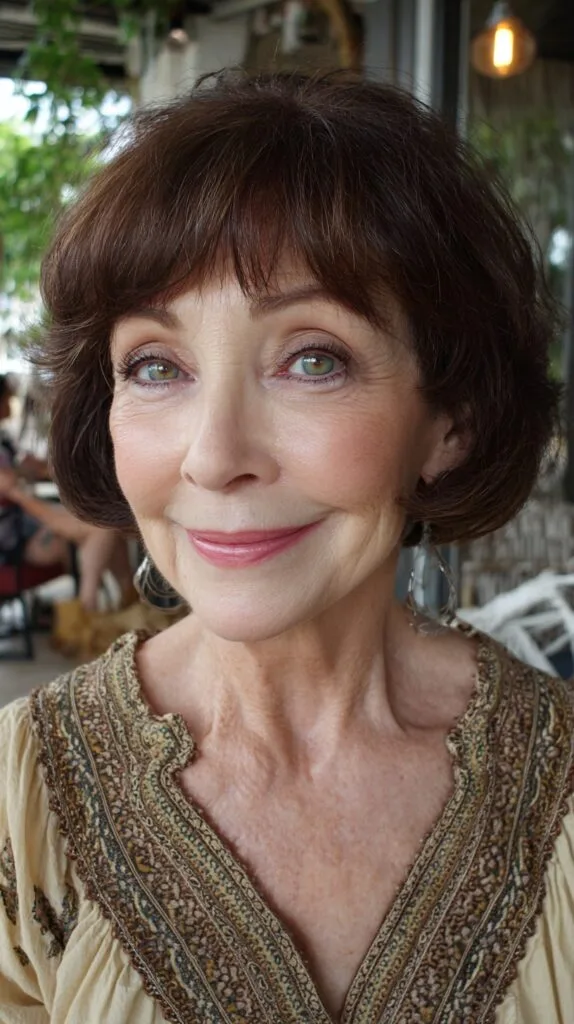 Chestnut Stacked Short Bob with Wispy Micro-Fringe and Inward Rolled Ends