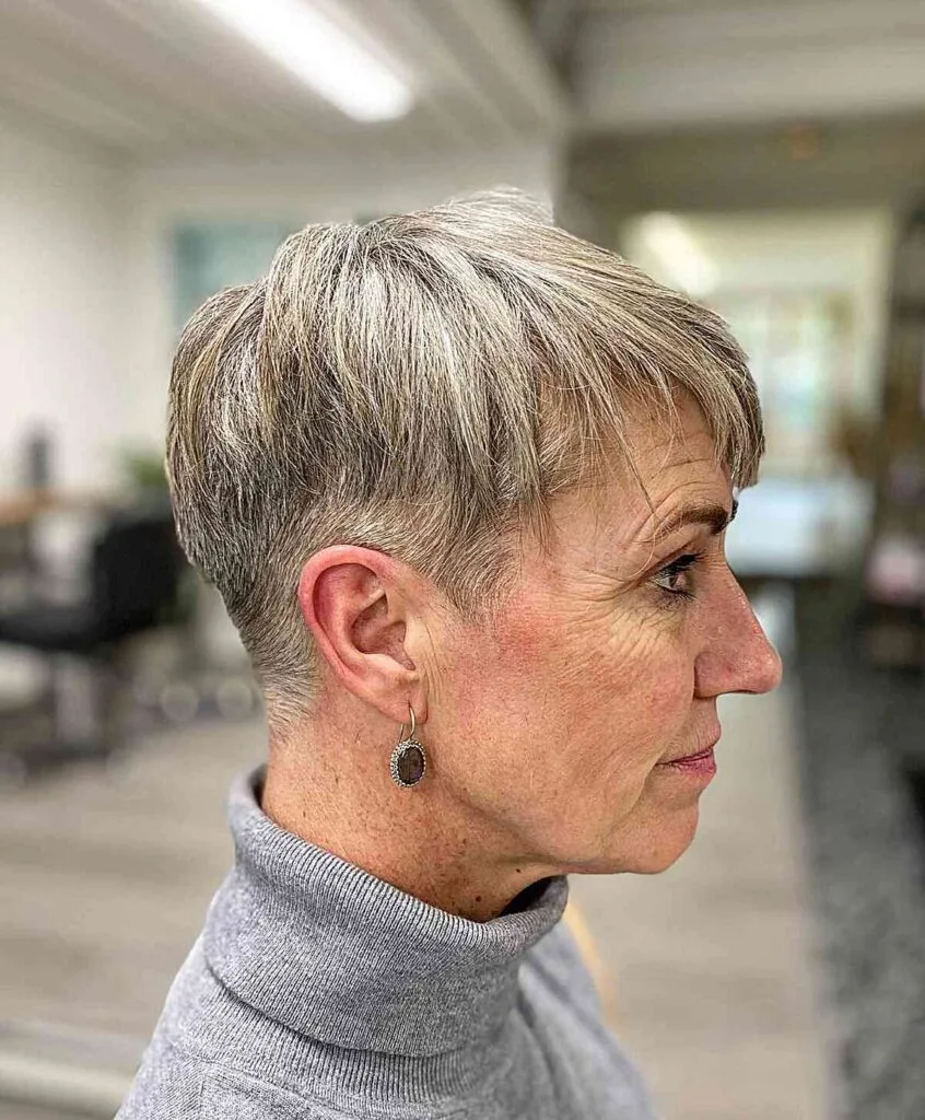 Chic Brushed-Forward Fringe on a Pixie Cut for 60-Year-Old Ladies