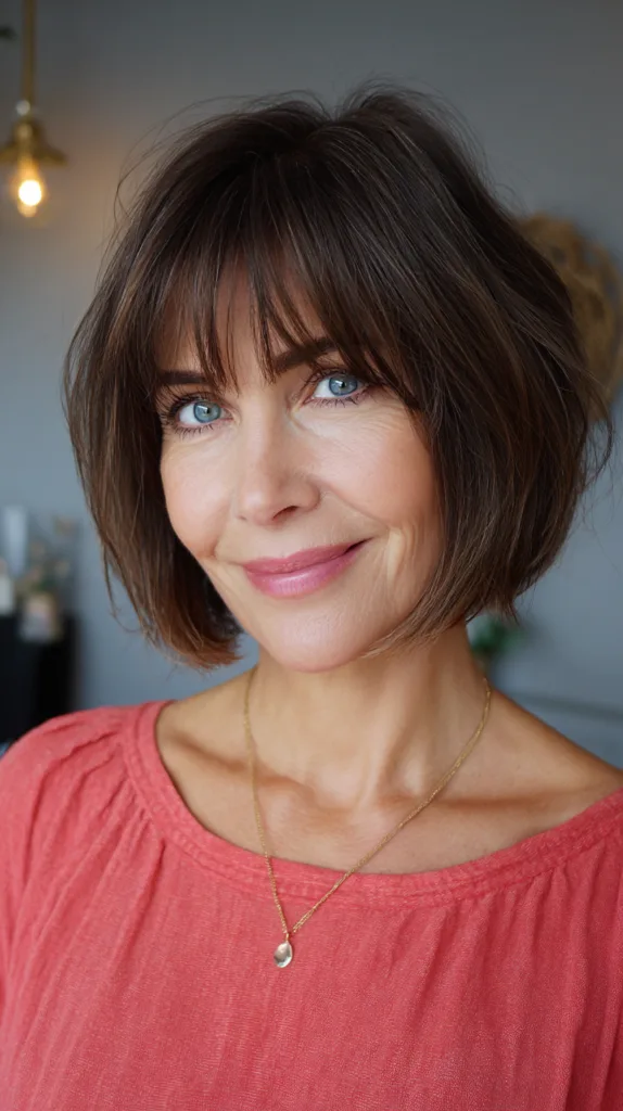 Chic Chocolate Brown Bob with Soft Bangs