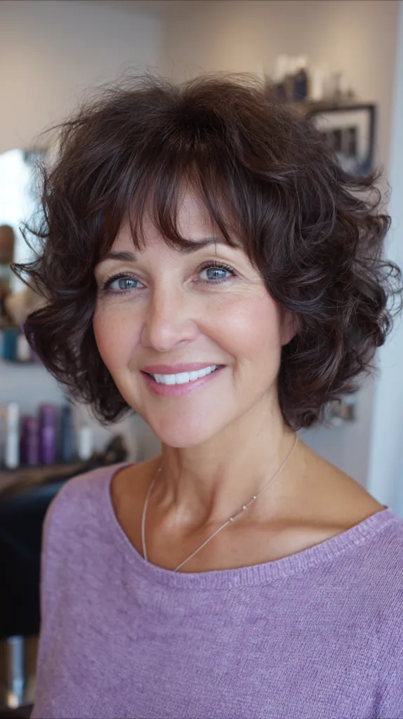 Chic Chocolate Brown Curly Bob with Soft Bangs