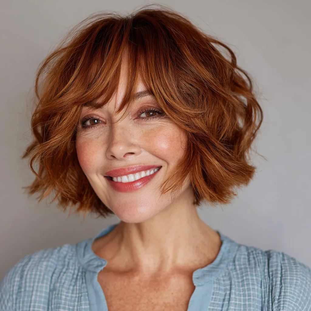 Chic Copper Curly Bob with Face-Framing Layers
