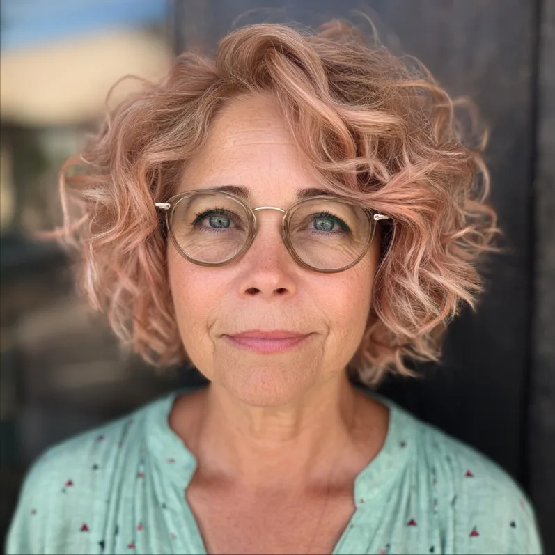 Chic Curly Bob with Soft Rose Tones