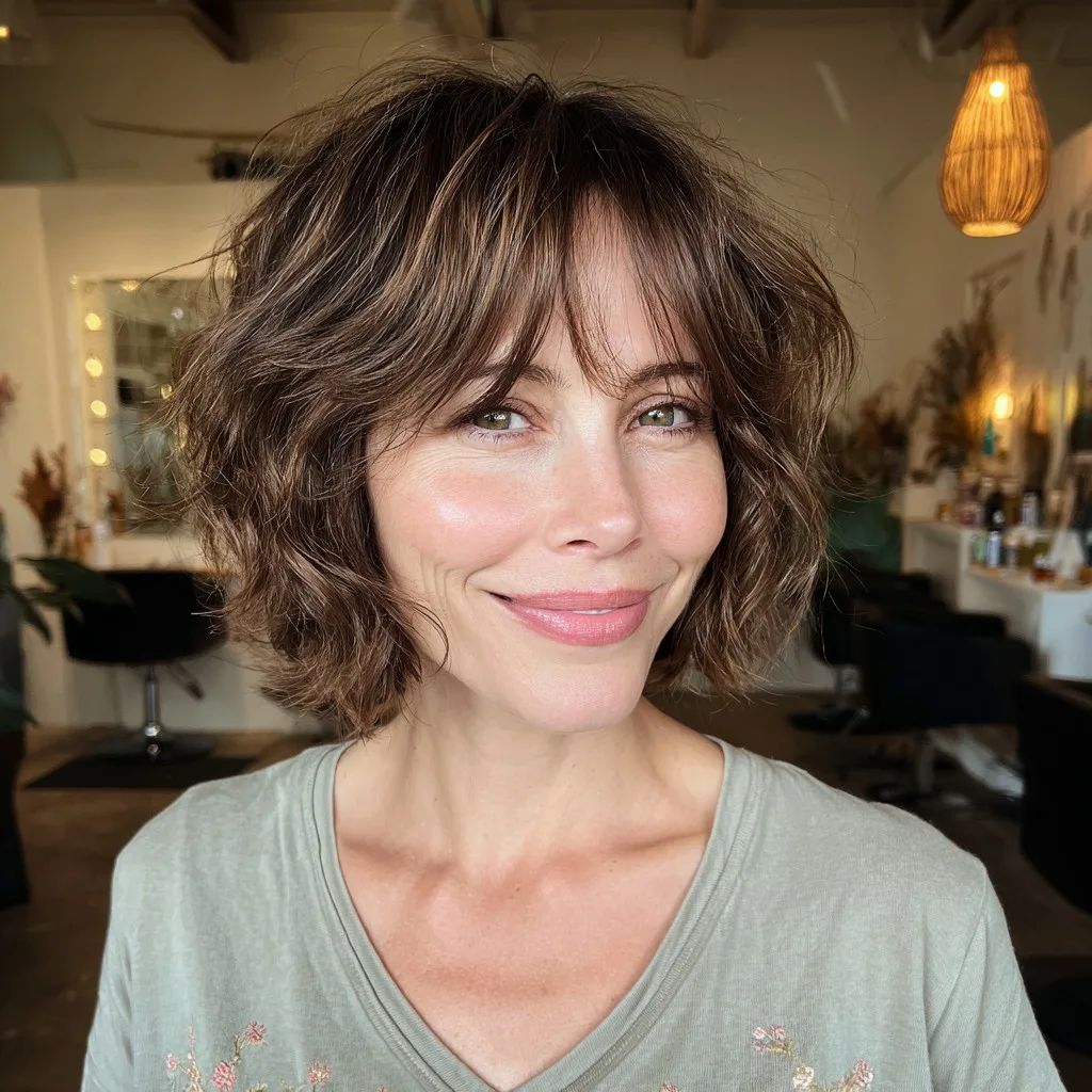Chic Curly Shag Bob with Soft Curtain Bangs