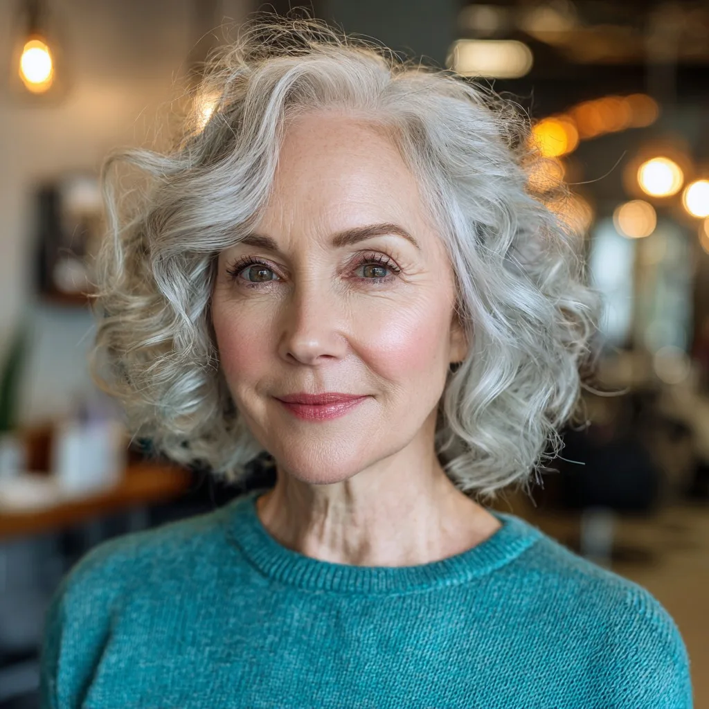 Chic Curly Silver Bob with Face-Enhancing Curls