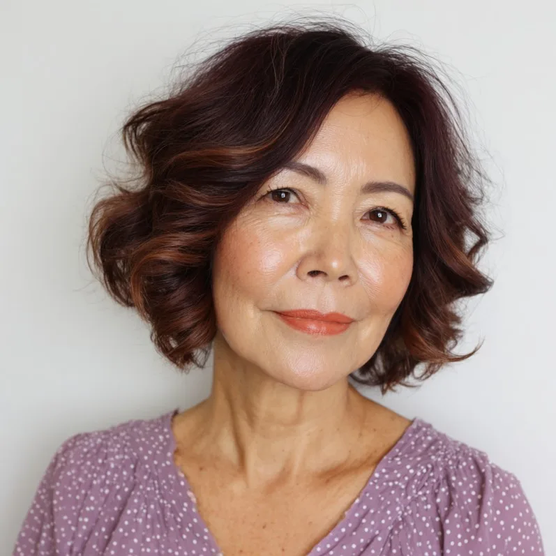 Chic Layered Curly Bob with Warm Balayage