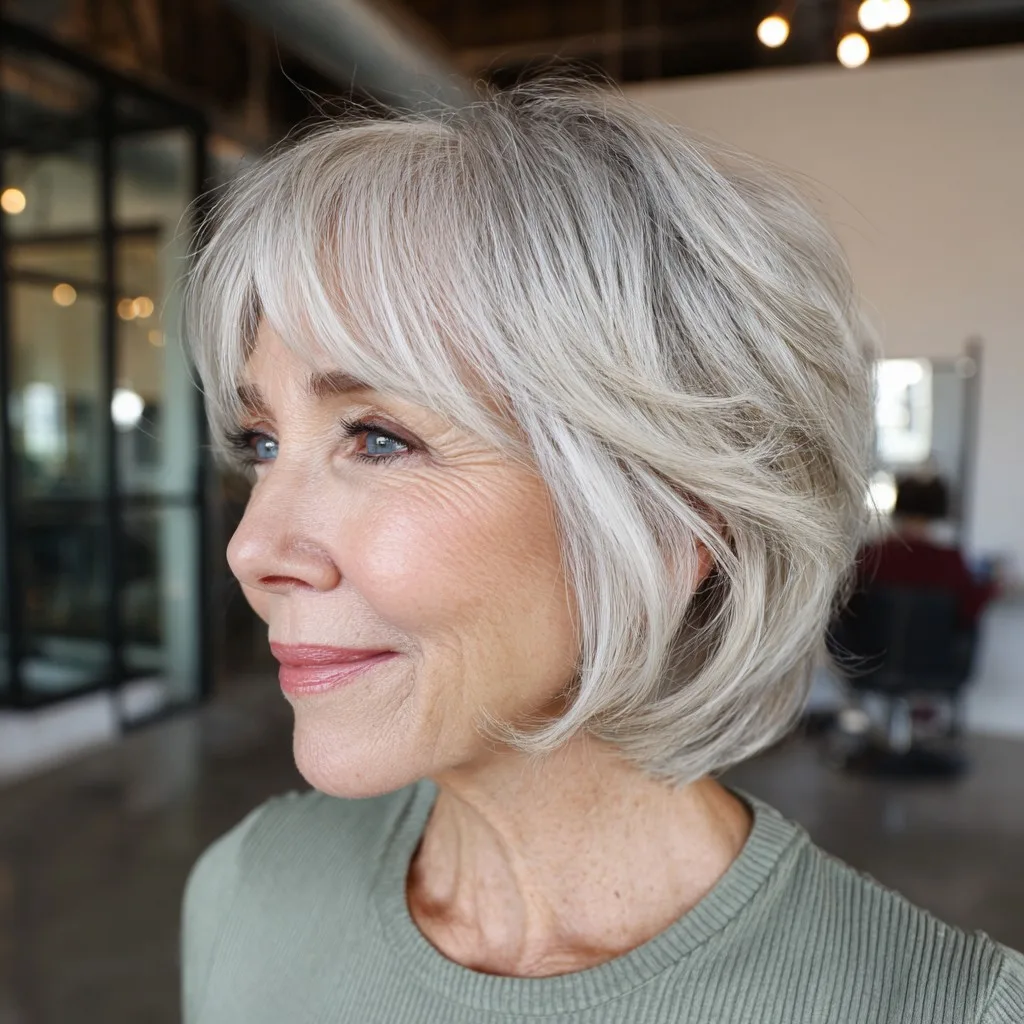 Chic Layered Silver Bob with Face-Framing Bangs