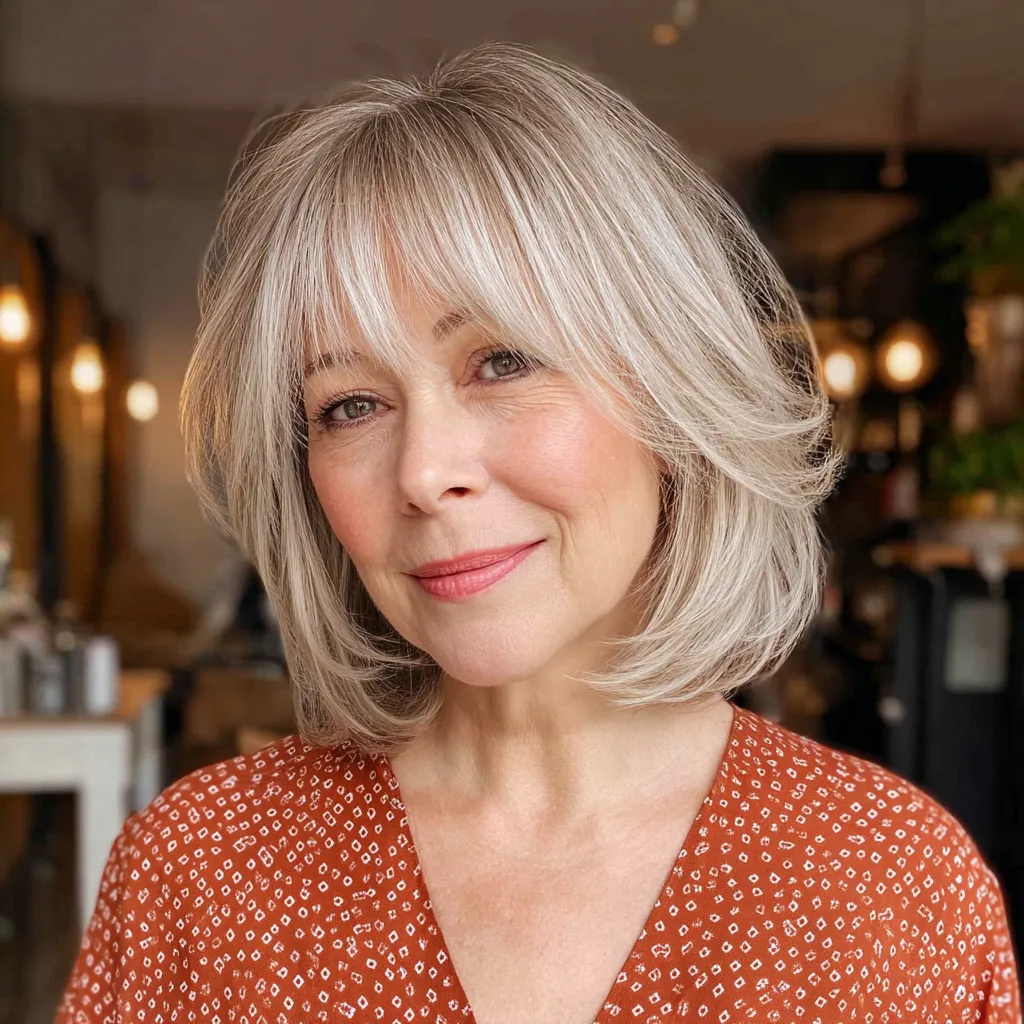 Chic Layered Silver Bob with Soft Bangs