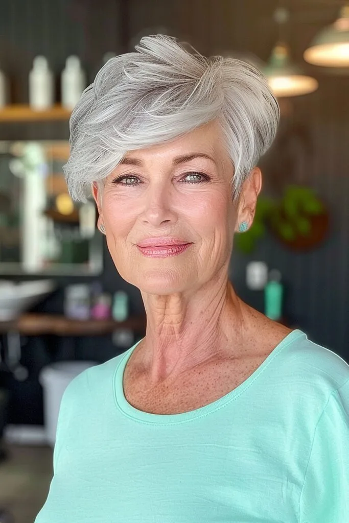 Chic pixie cut featuring long fringe for women in their 60s