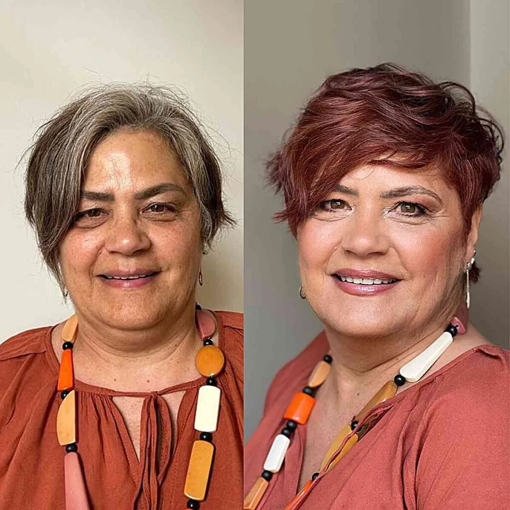 Chic Pixie Transformation with Flowing Fringe for 50-Year-Olds with Round Faces