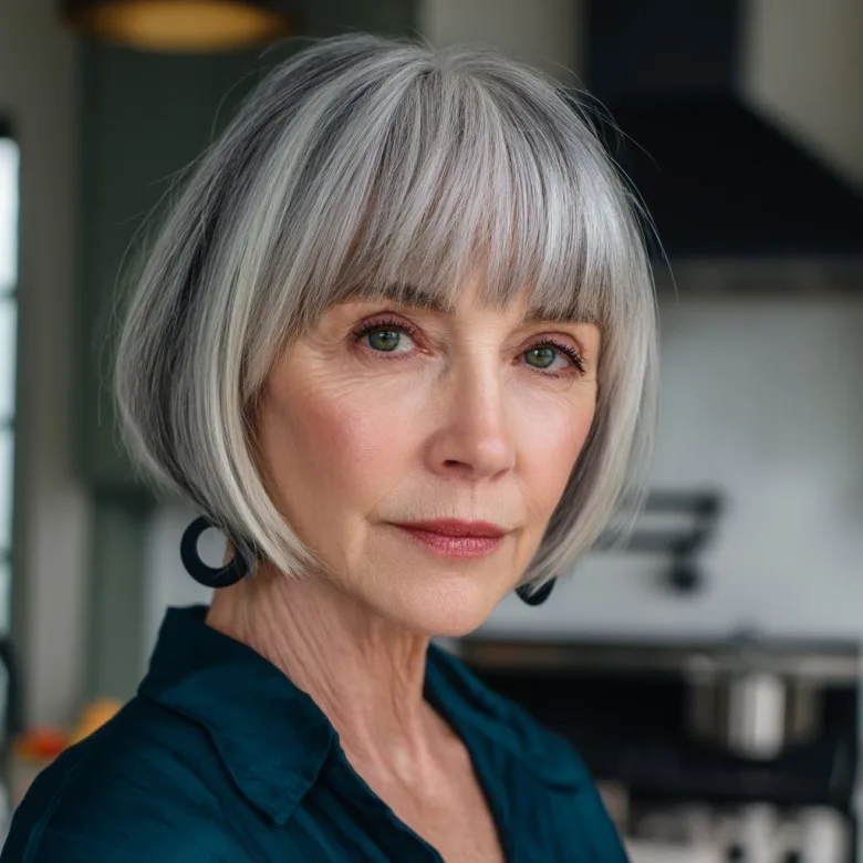 Chic Silver Blunt Bob with Soft Fringe