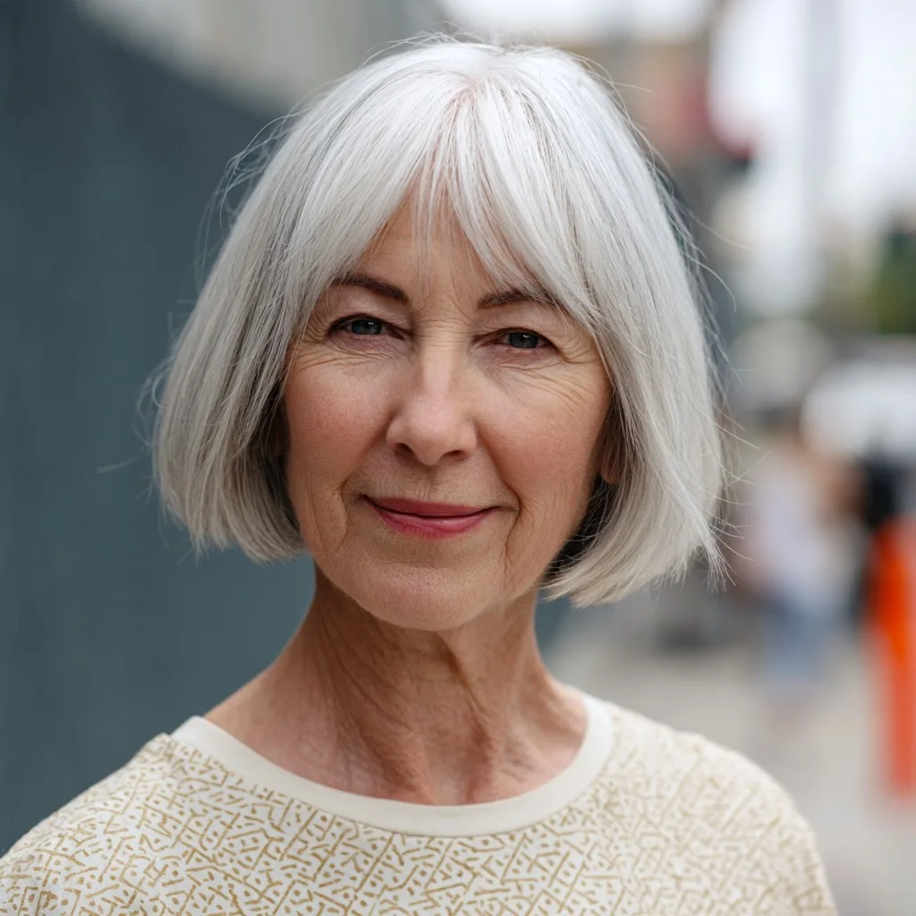 Chic Silver Jaw-Length Bob with Soft Curtain Bangs