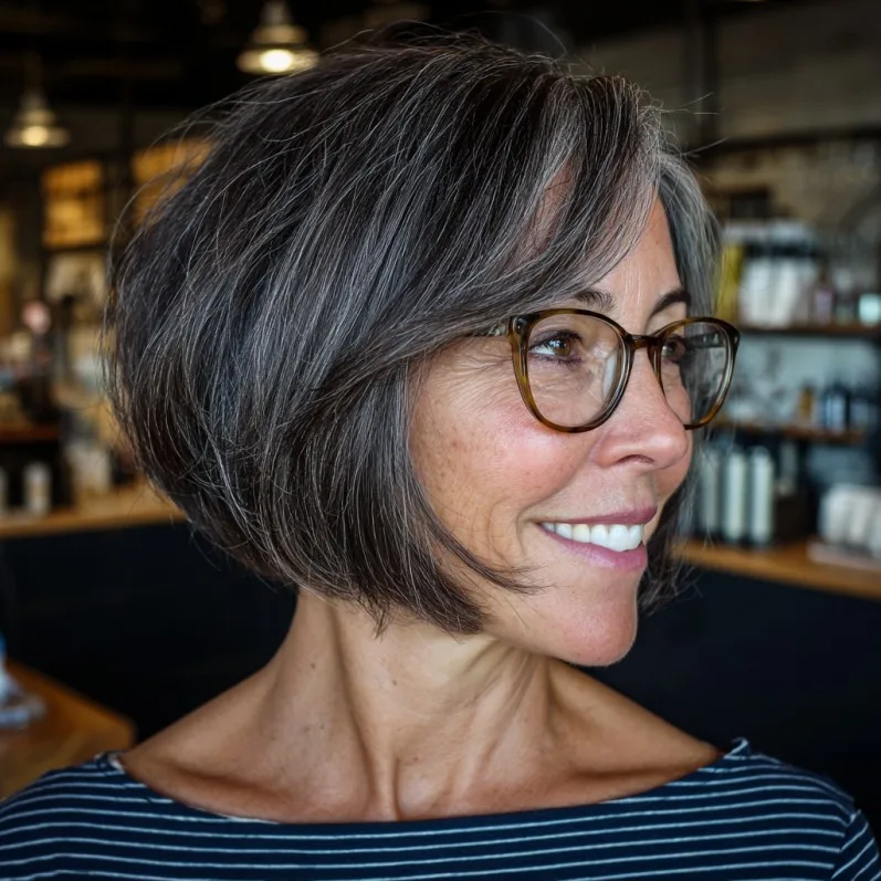 Chic Silver Layered Bob with Soft Bangs