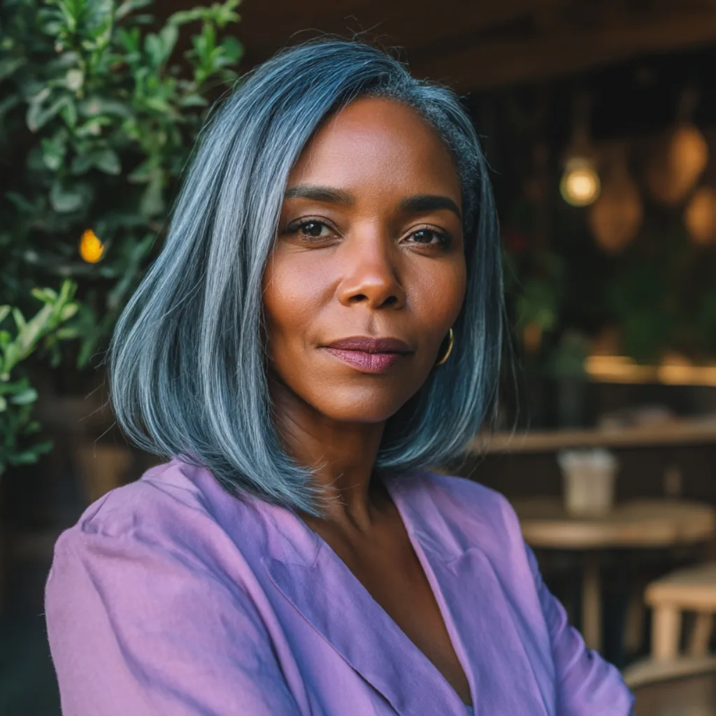 Chic Silvery Blue Mid-Length Bob with Subtle Layers