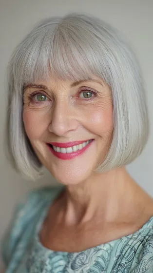 Chic Silvery Bob with Soft Blunt Bangs