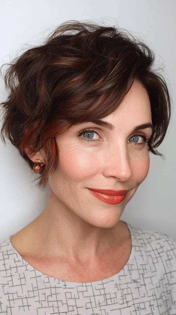 Chic Textured Bixie Cut with Warm Highlights