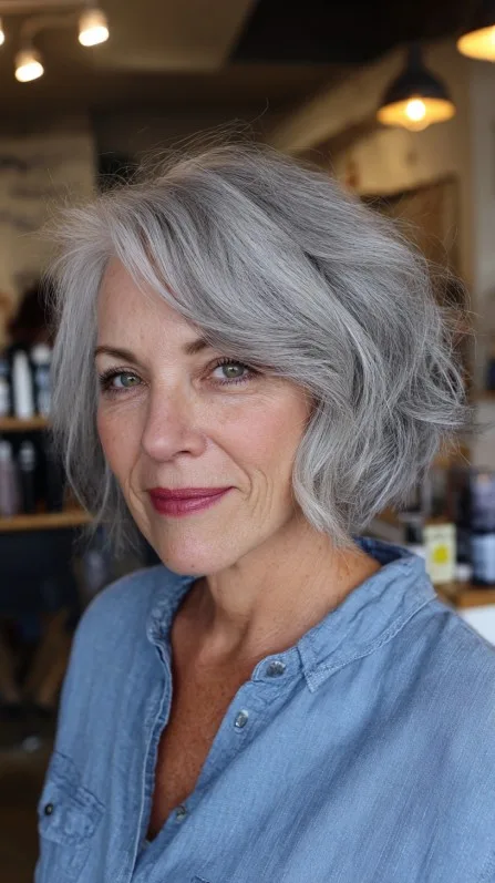 Chic Textured Gray Bob with Soft Waves